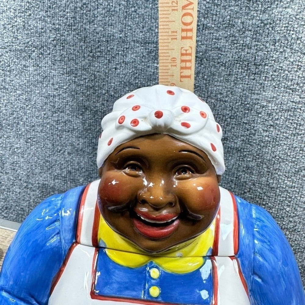 Vintage Clay Art Cookie Jar Blue Dress Rolling Pin Americana Kitchen Decor - Picture 14 of 16